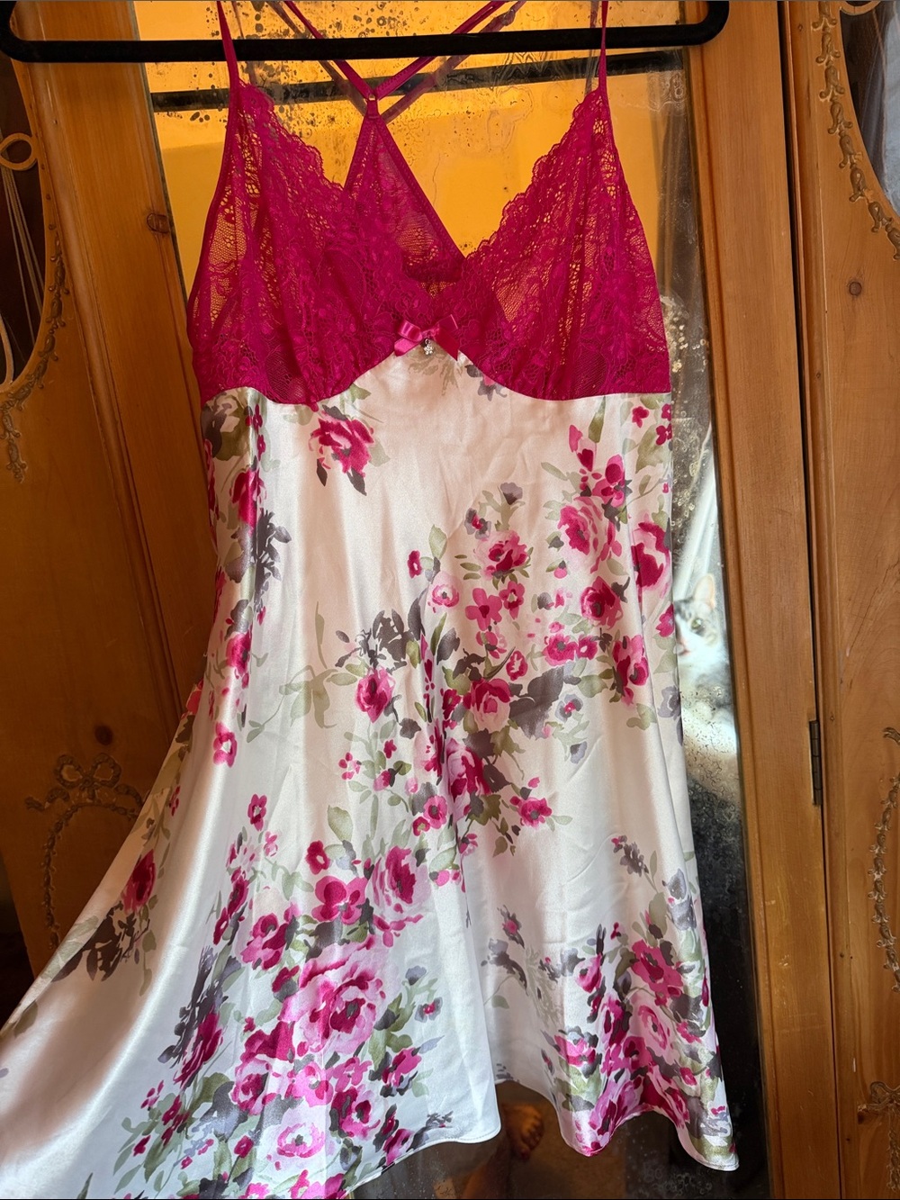 In Bloom Fuchsia Lace Bodice Floral Satin Chemise